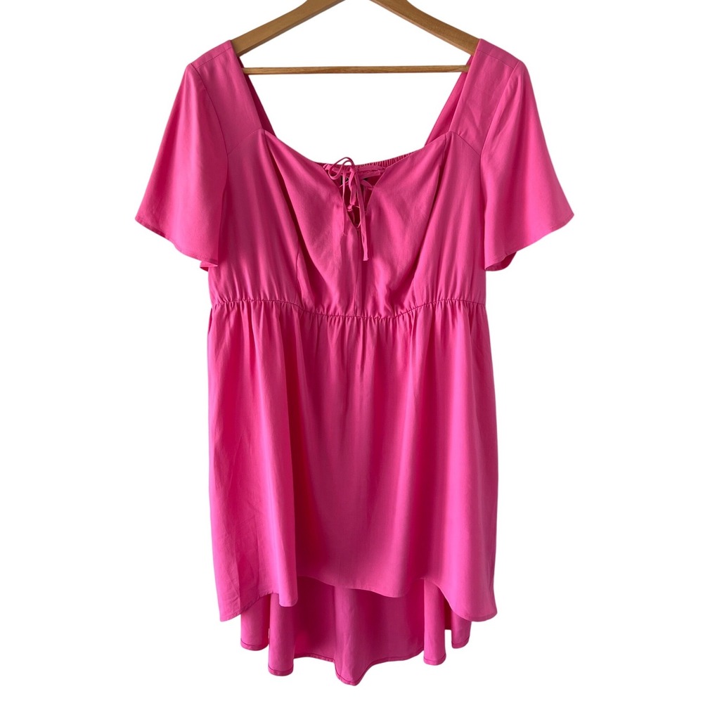 Torrid Pink Babydoll Top Hi Low Lace Up Challis Blouse Plus Size 0 Barbiecore